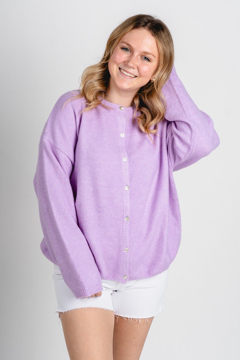 Button up sweater cardigan lavender - Stylish Cardigan - Cute Easter Outfits at Lush Fashion Lounge Boutique in Oklahoma