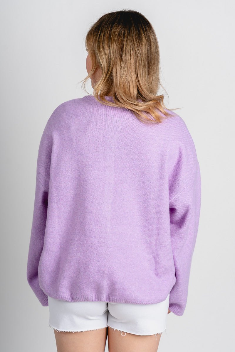 Button up sweater cardigan lavender - Stylish Cardigan - Cute Easter Clothing Line at Lush Fashion Lounge Boutique in Oklahoma