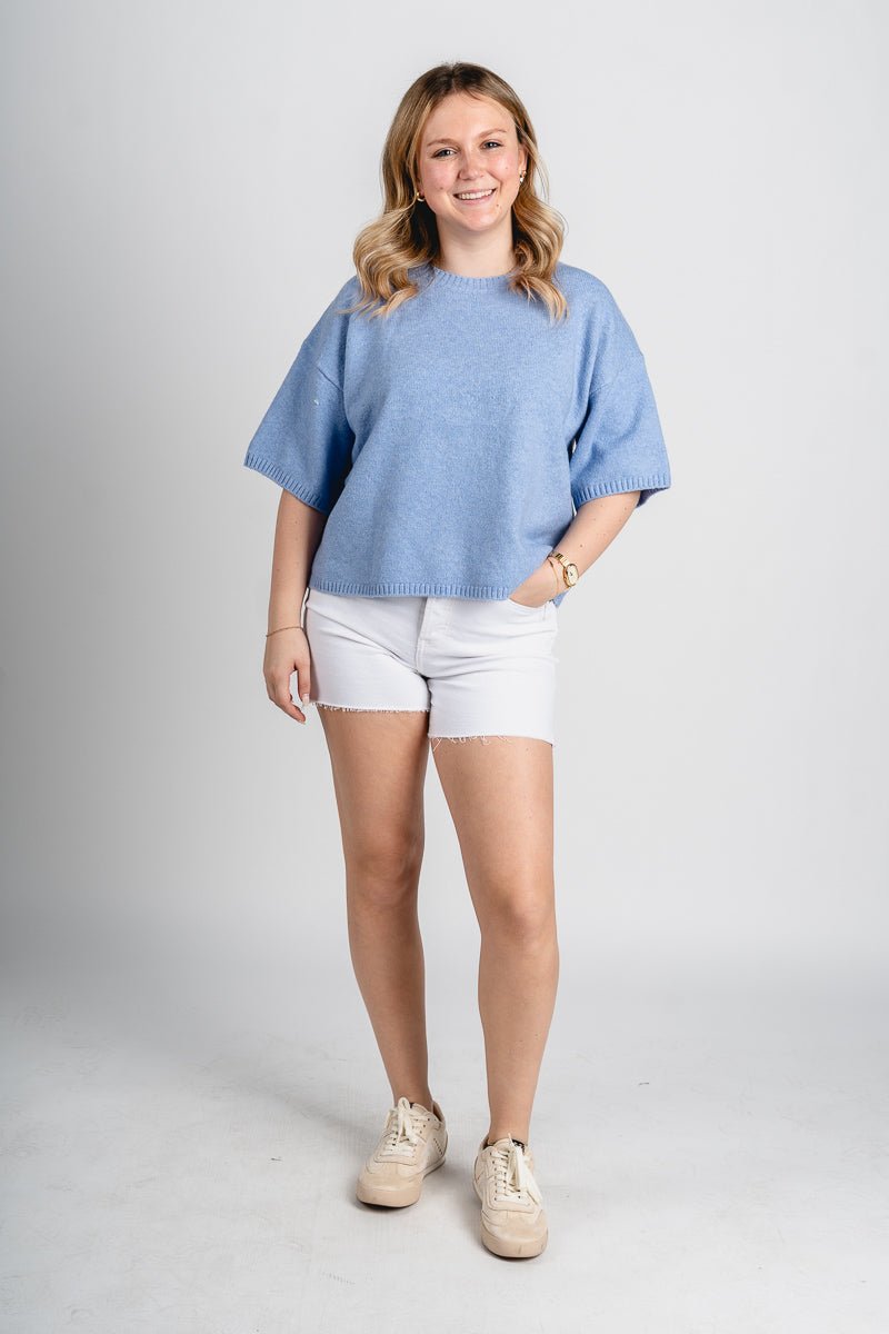 Boxy short sleeve sweater light blue - Cute Sweater - Trendy Easter Clothing Line at Lush Fashion Lounge Boutique in Oklahoma