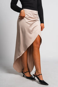 Asymmetrical midi skirt champagne | Lush Fashion Lounge: boutique fashion skirts, affordable boutique skirts, cute affordable skirts