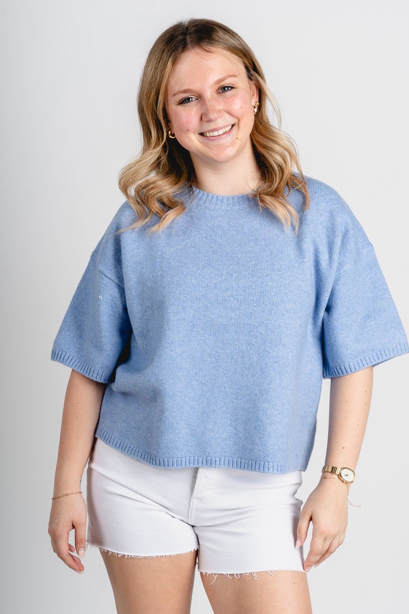 Boxy short sleeve sweater light blue - Stylish Sweater - Cute Easter Outfits at Lush Fashion Lounge Boutique in Oklahoma
