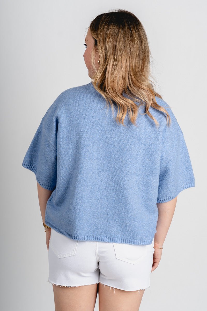 Boxy short sleeve sweater light blue - Stylish Sweater - Cute Easter Clothing Line at Lush Fashion Lounge Boutique in Oklahoma