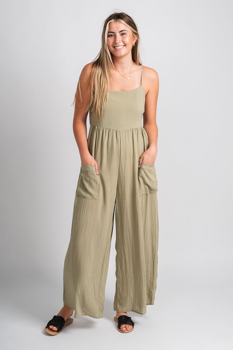Cami pocket jumpsuit sage green - Affordable jumpsuit - Boutique Rompers & Pantsuits at Lush Fashion Lounge Boutique in Oklahoma City