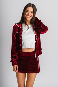 Velour mini skirt wine | Lush Fashion Lounge: boutique fashion skirts, affordable boutique skirts, cute affordable skirts