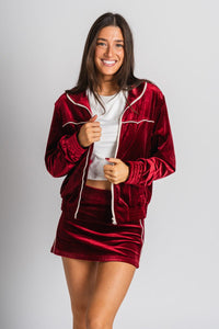 Velour zip jacket wine - Trendy T-Shirts for Valentine's Day at Lush Fashion Lounge Boutique in Oklahoma City