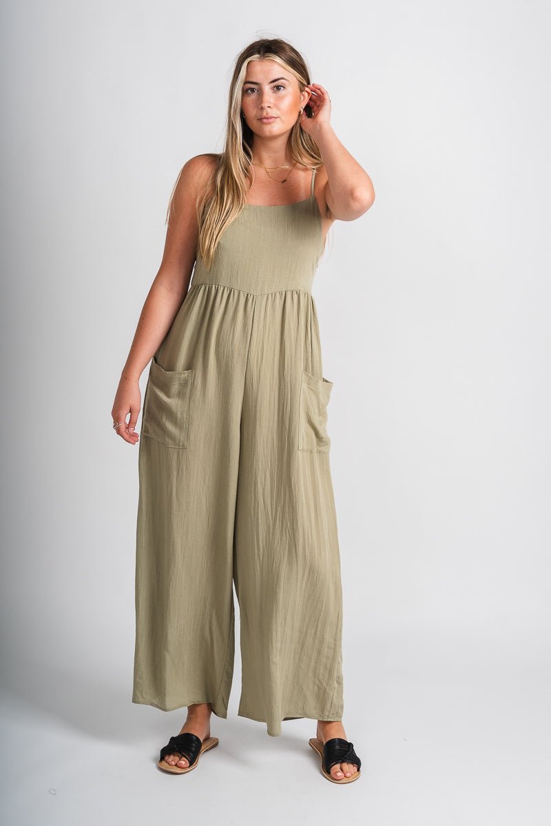 Cami pocket jumpsuit sage green Stylish jumpsuit - Womens Fashion Rompers & Pantsuits at Lush Fashion Lounge Boutique in Oklahoma City