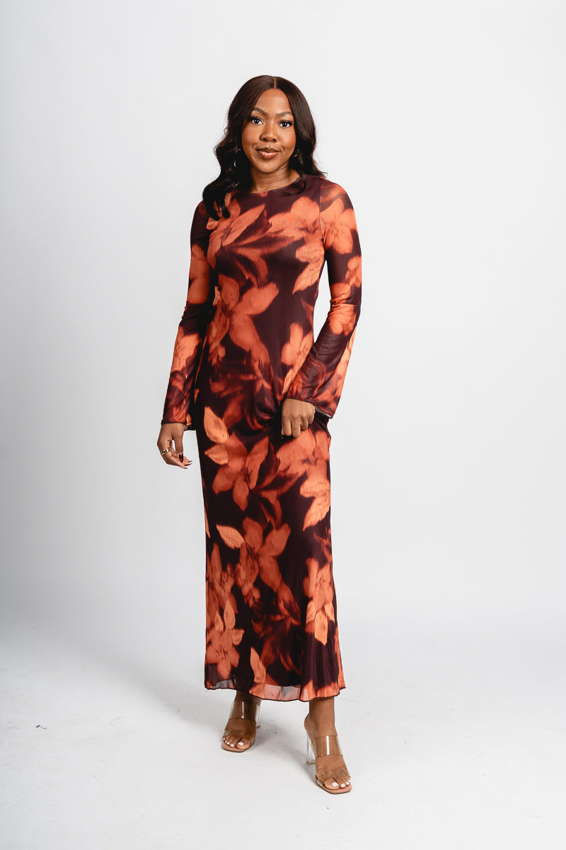 Water color mesh maxi dress brown - Trendy Dress - Fashion Dresses at Lush Fashion Lounge Boutique in Oklahoma City