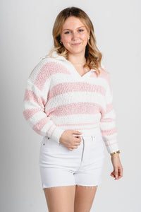 Striped polo sweater off white/pink - Trendy Sweater - Fun Easter Looks at Lush Fashion Lounge Boutique in Oklahoma