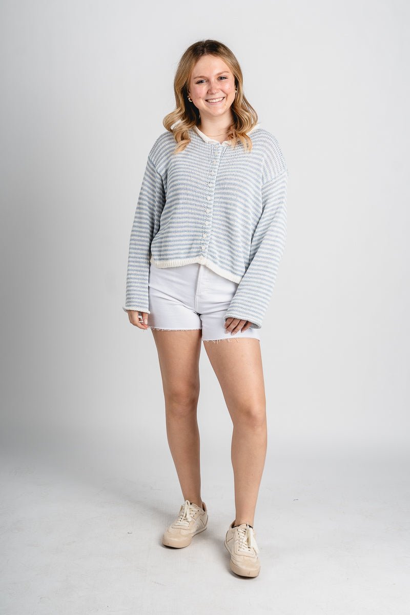 Striped knit sweater cardigan sky blue/white - Cute Sweater - Trendy Easter Clothing Line at Lush Fashion Lounge Boutique in Oklahoma