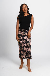 Floral satin midi skirt black | Lush Fashion Lounge: boutique fashion skirts, affordable boutique skirts, cute affordable skirts