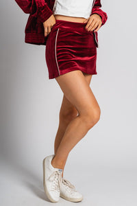 Velour mini skirt wine | Lush Fashion Lounge: boutique fashion skirts, affordable boutique skirts, cute affordable skirts