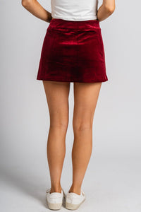 Velour mini skirt wine | Lush Fashion Lounge: boutique fashion skirts, affordable boutique skirts, cute affordable skirts