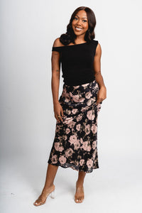 Floral satin midi skirt black | Lush Fashion Lounge: boutique fashion skirts, affordable boutique skirts, cute affordable skirts