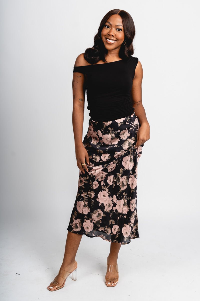 Floral satin midi skirt black | Lush Fashion Lounge: boutique fashion skirts, affordable boutique skirts, cute affordable skirts