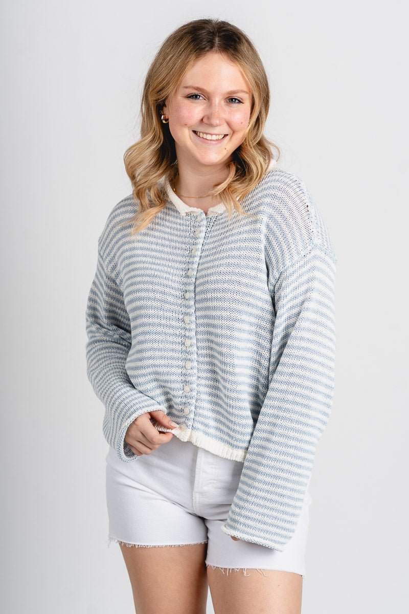 Striped knit sweater cardigan sky blue/white - Stylish Sweater - Cute Easter Outfits at Lush Fashion Lounge Boutique in Oklahoma