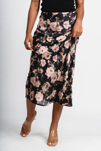 Floral satin midi skirt black | Lush Fashion Lounge: boutique fashion skirts, affordable boutique skirts, cute affordable skirts