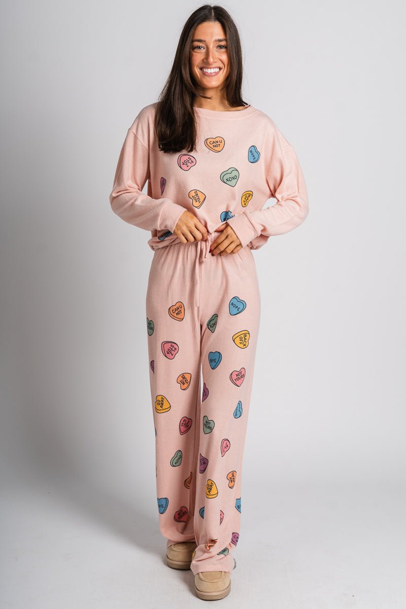 Candy heart pajama top pink - Cute Valentine's Day Outfits at Lush Fashion Lounge Boutique in Oklahoma City