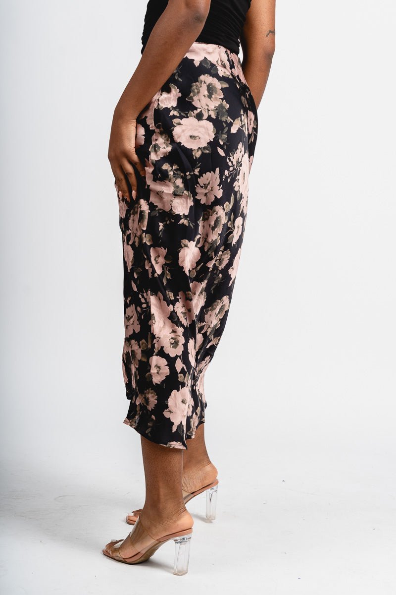 Floral satin midi skirt black | Lush Fashion Lounge: boutique fashion skirts, affordable boutique skirts, cute affordable skirts