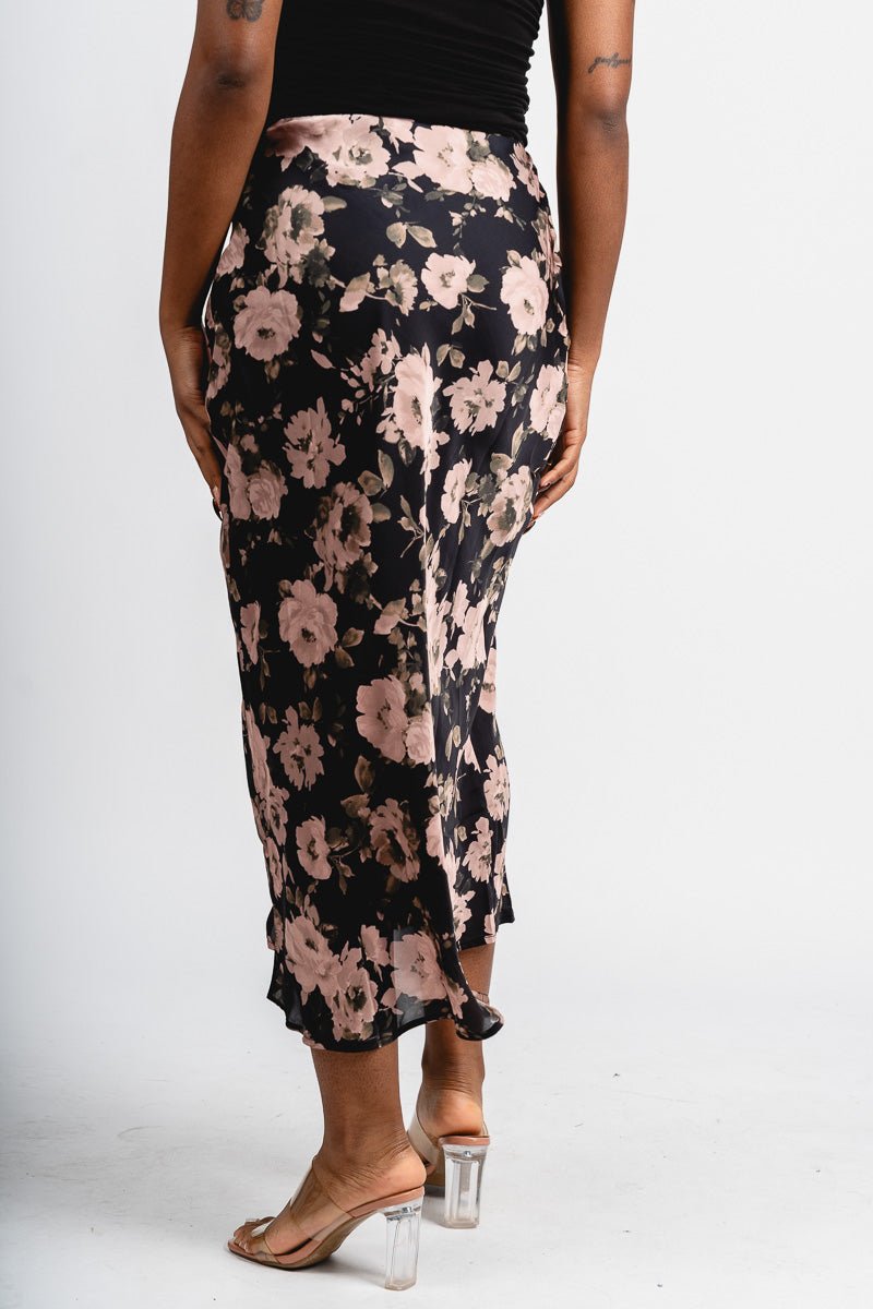 Floral satin midi skirt black | Lush Fashion Lounge: boutique fashion skirts, affordable boutique skirts, cute affordable skirts