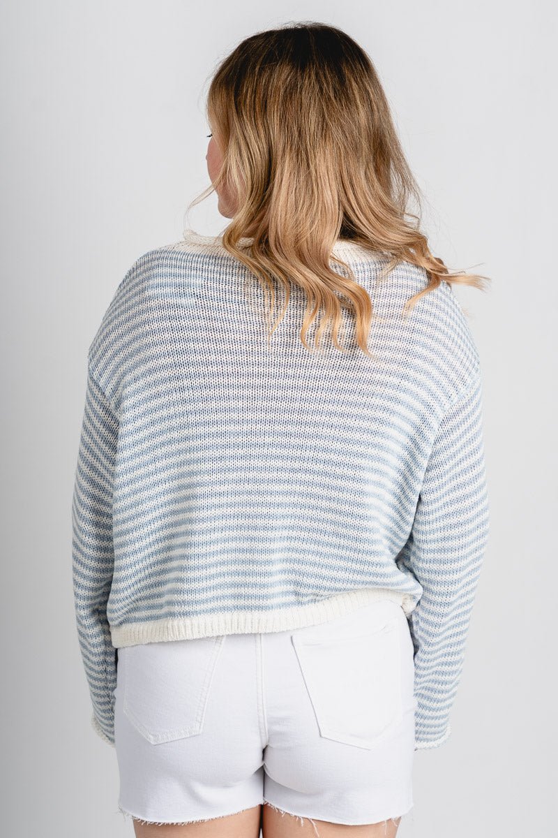Striped knit sweater cardigan sky blue/white - Stylish Sweater - Cute Easter Clothing Line at Lush Fashion Lounge Boutique in Oklahoma