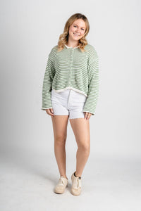 Striped knit sweater cardigan matcha/white - Cute Sweater - Trendy Easter Clothing Line at Lush Fashion Lounge Boutique in Oklahoma