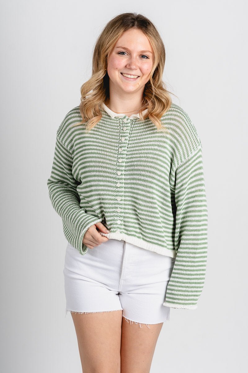 Striped knit sweater cardigan matcha/white - Stylish Sweater - Cute Easter Outfits at Lush Fashion Lounge Boutique in Oklahoma