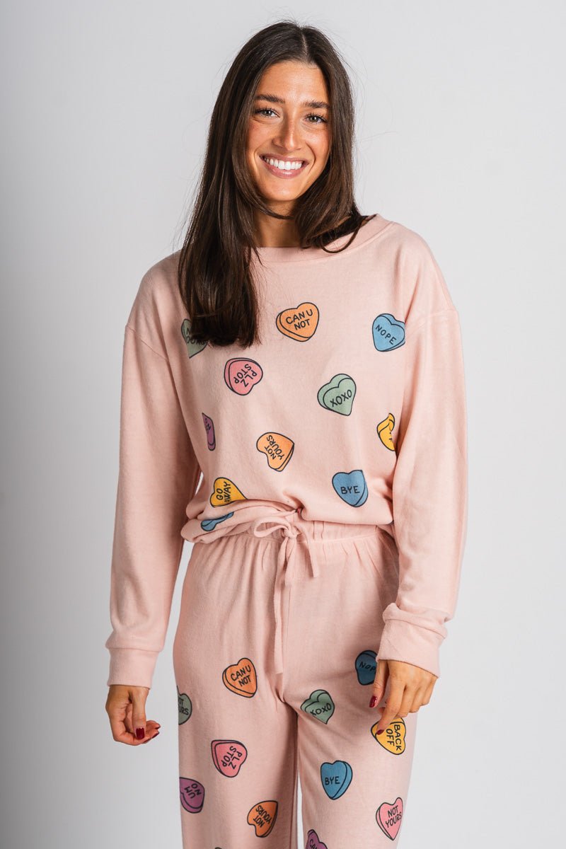 Candy heart pajama top pink - Trendy T-Shirts for Valentine's Day at Lush Fashion Lounge Boutique in Oklahoma City