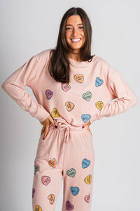 Candy heart pajama top pink - Adorable Top - Stylish Comfortable Outfits at Lush Fashion Lounge Boutique in OKC