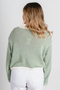 Striped knit sweater cardigan matcha/white - Stylish Sweater - Cute Easter Clothing Line at Lush Fashion Lounge Boutique in Oklahoma