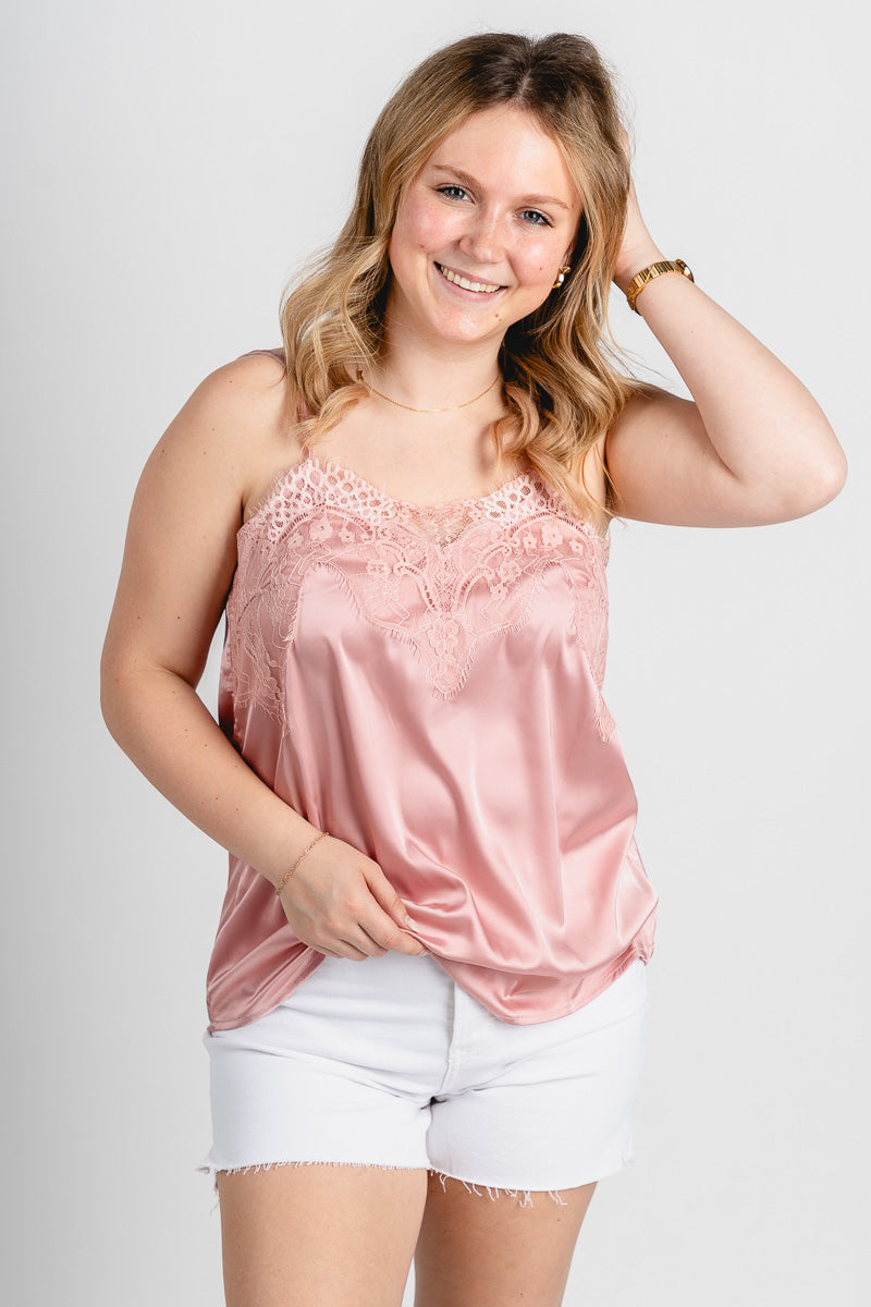 Satin lace trim camisole blush - Stylish Tank Top - Cute Easter Outfits at Lush Fashion Lounge Boutique in Oklahoma