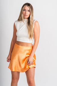 Satin flare mini skirt orange | Lush Fashion Lounge: boutique fashion skirts, affordable boutique skirts, cute affordable skirts