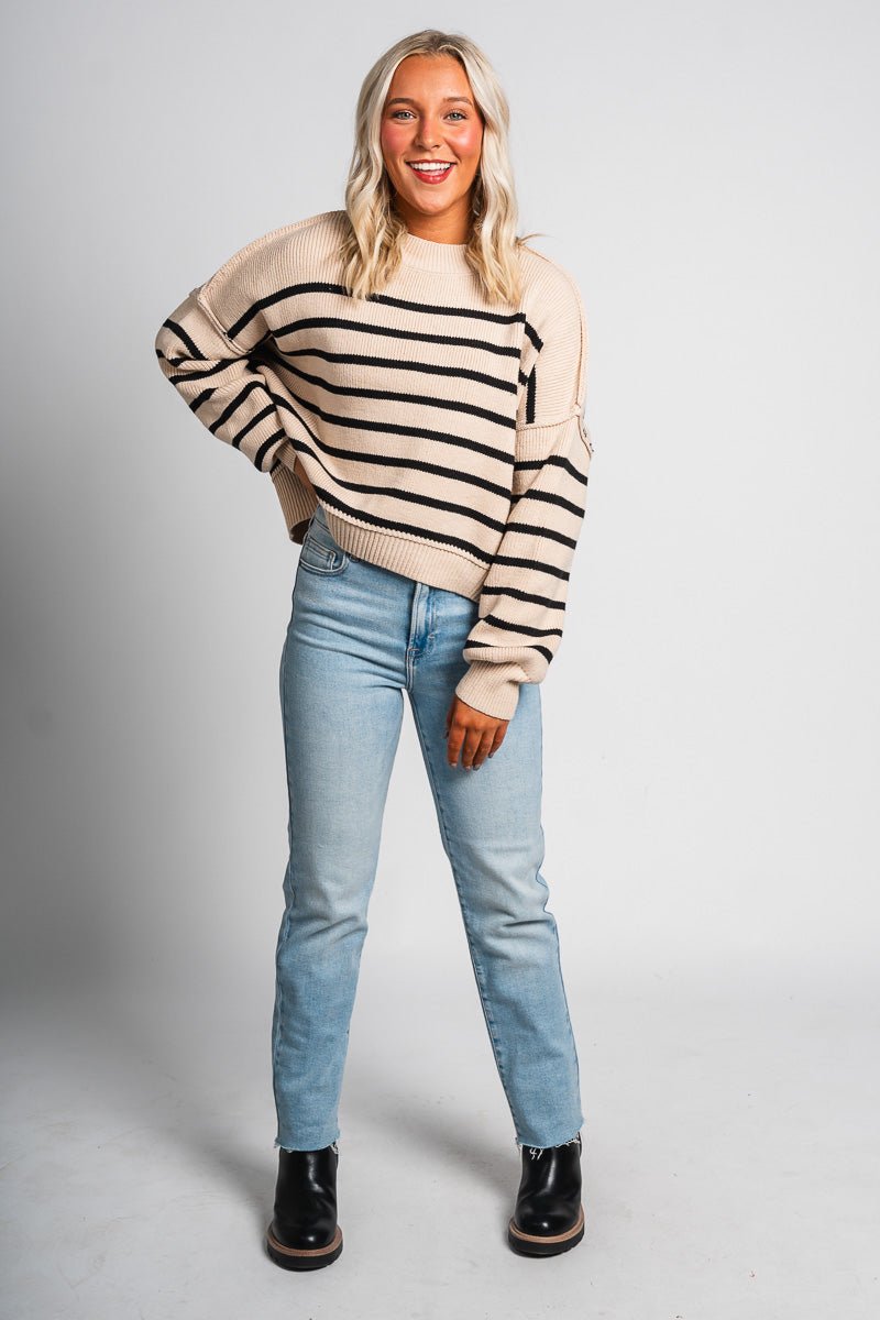 Striped sweater tan/black - Trendy Sweaters | Cute Pullover Sweaters at Lush Fashion Lounge Boutique in Oklahoma City