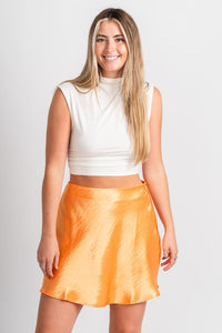 Satin flare mini skirt orange | Lush Fashion Lounge: boutique fashion skirts, affordable boutique skirts, cute affordable skirts