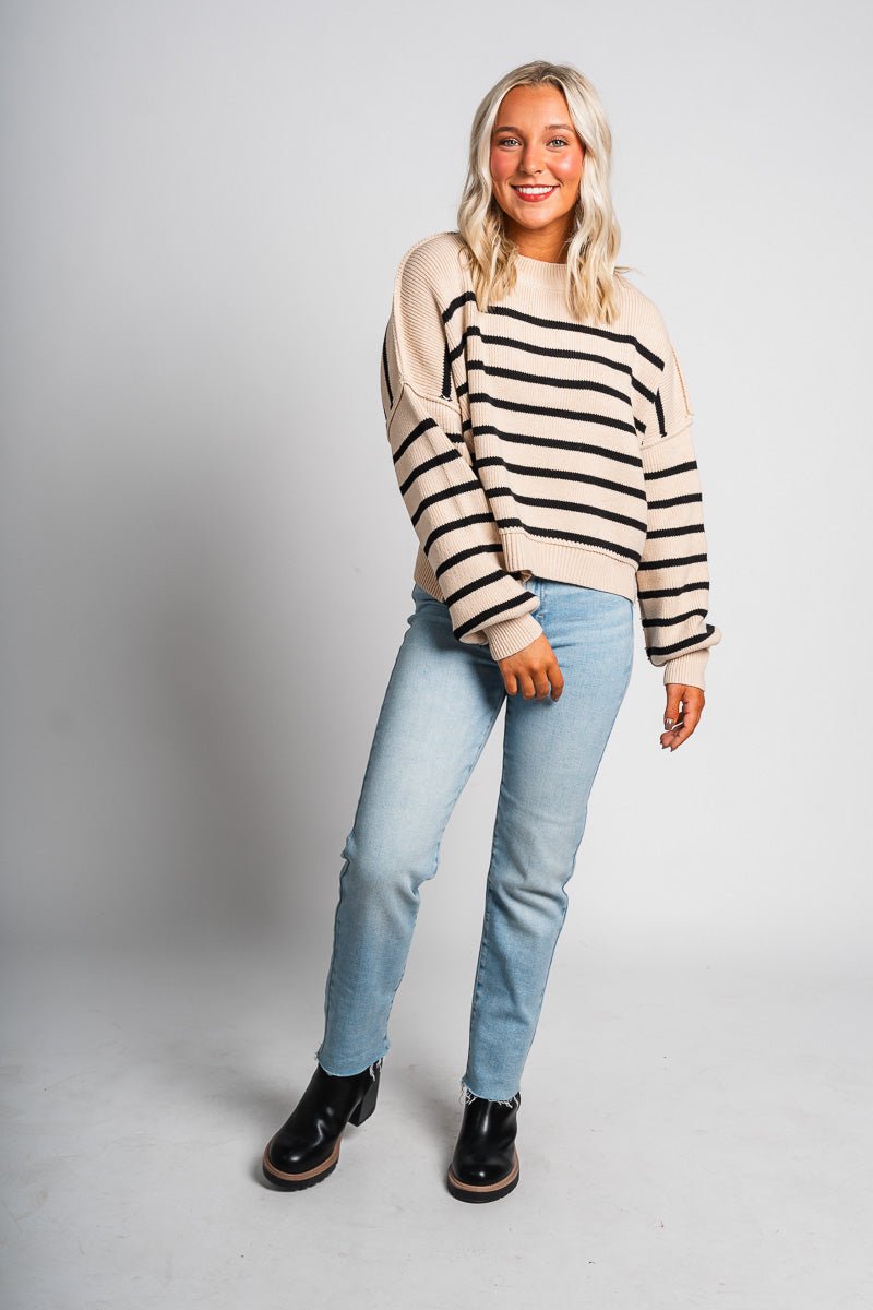 Striped sweater tan/black – Unique Sweaters | Lounging Sweaters and Womens Fashion Sweaters at Lush Fashion Lounge Boutique in Oklahoma City