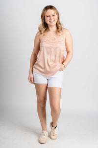 Satin lace trim camisole taupe - Cute Tank Top - Trendy Easter Clothing Line at Lush Fashion Lounge Boutique in Oklahoma