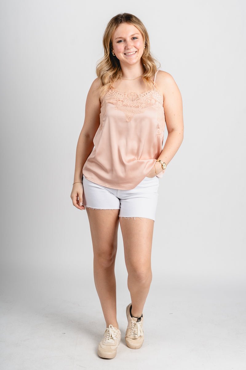 Satin lace trim camisole taupe - Cute Tank Top - Trendy Easter Clothing Line at Lush Fashion Lounge Boutique in Oklahoma
