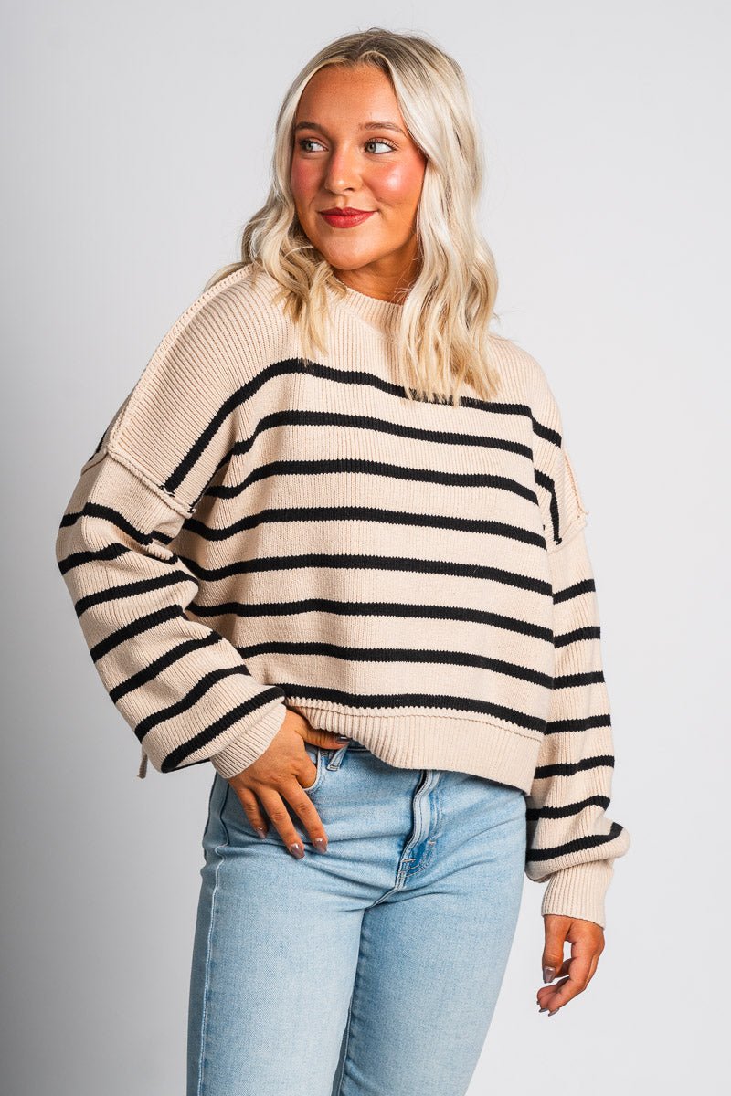 Striped sweater tan/black – Stylish Sweaters | Boutique Sweaters at Lush Fashion Lounge Boutique in Oklahoma City