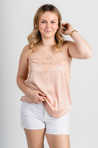 Satin lace trim camisole taupe - Stylish Tank Top - Cute Easter Outfits at Lush Fashion Lounge Boutique in Oklahoma