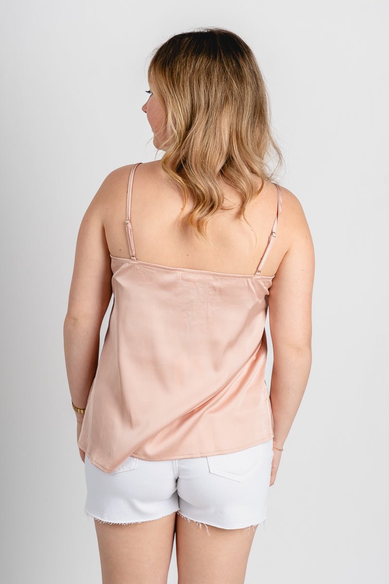 Satin lace trim camisole taupe - Stylish Tank Top - Cute Easter Clothing Line at Lush Fashion Lounge Boutique in Oklahoma