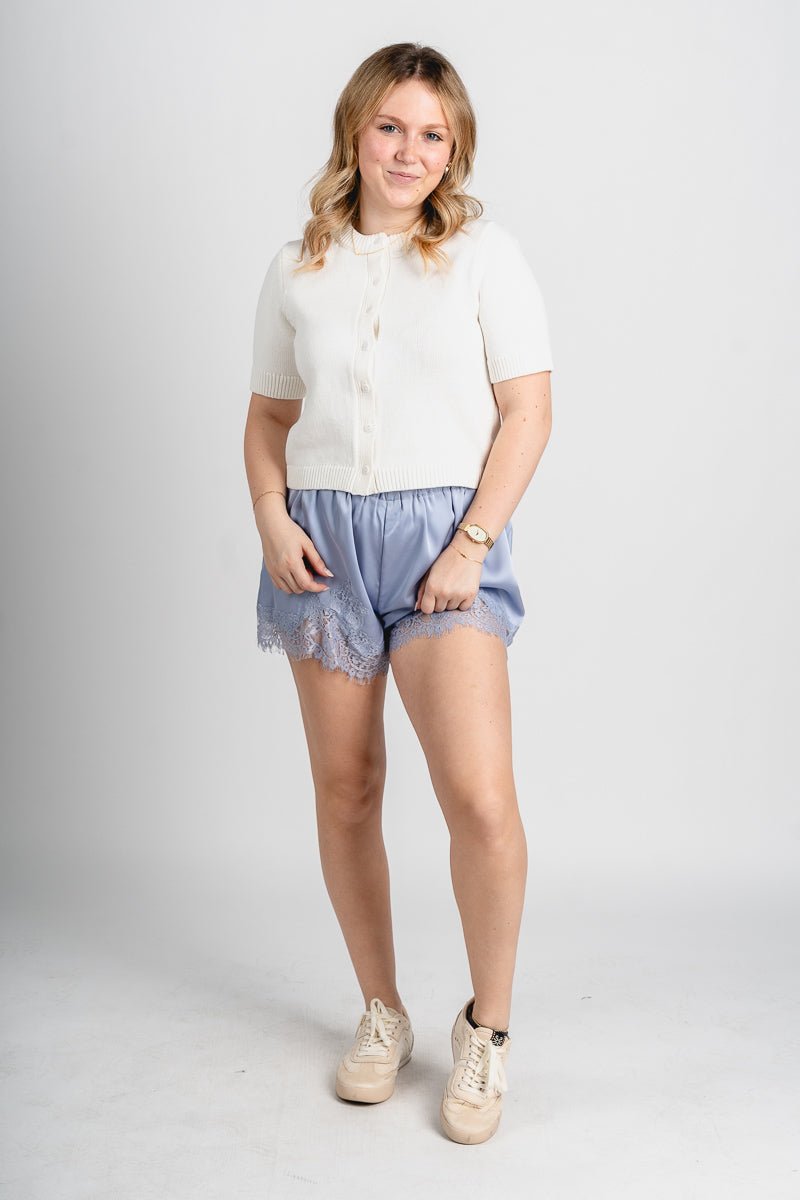 Lace trim satin shorts baby blue