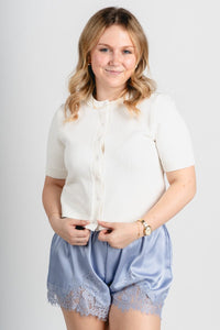 Lace trim satin shorts baby blue - Trendy shorts - Fun Easter Looks at Lush Fashion Lounge Boutique in Oklahoma