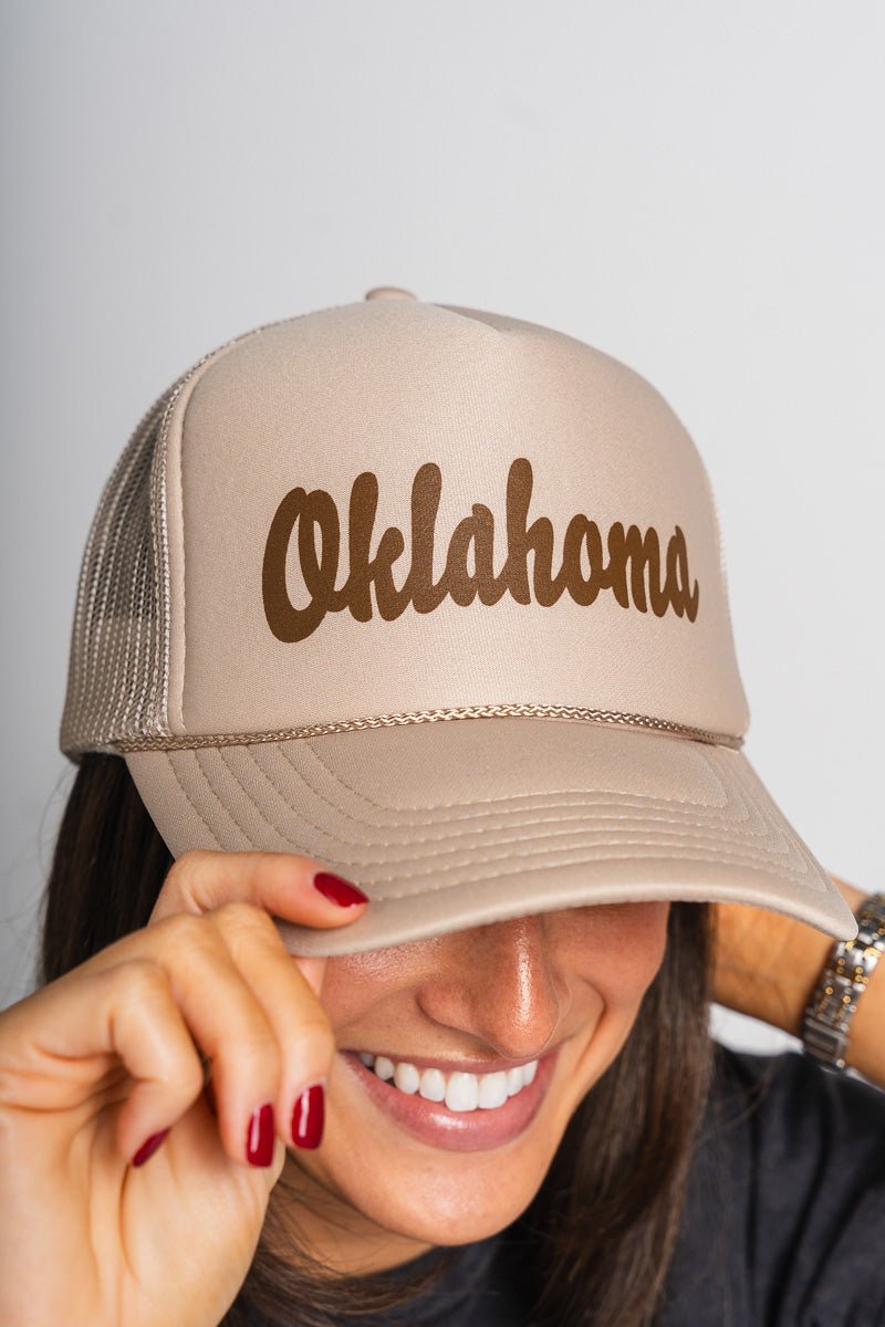 Oklahoma script trucker hat khaki - Trendy Hats at Lush Fashion Lounge Boutique in Oklahoma City