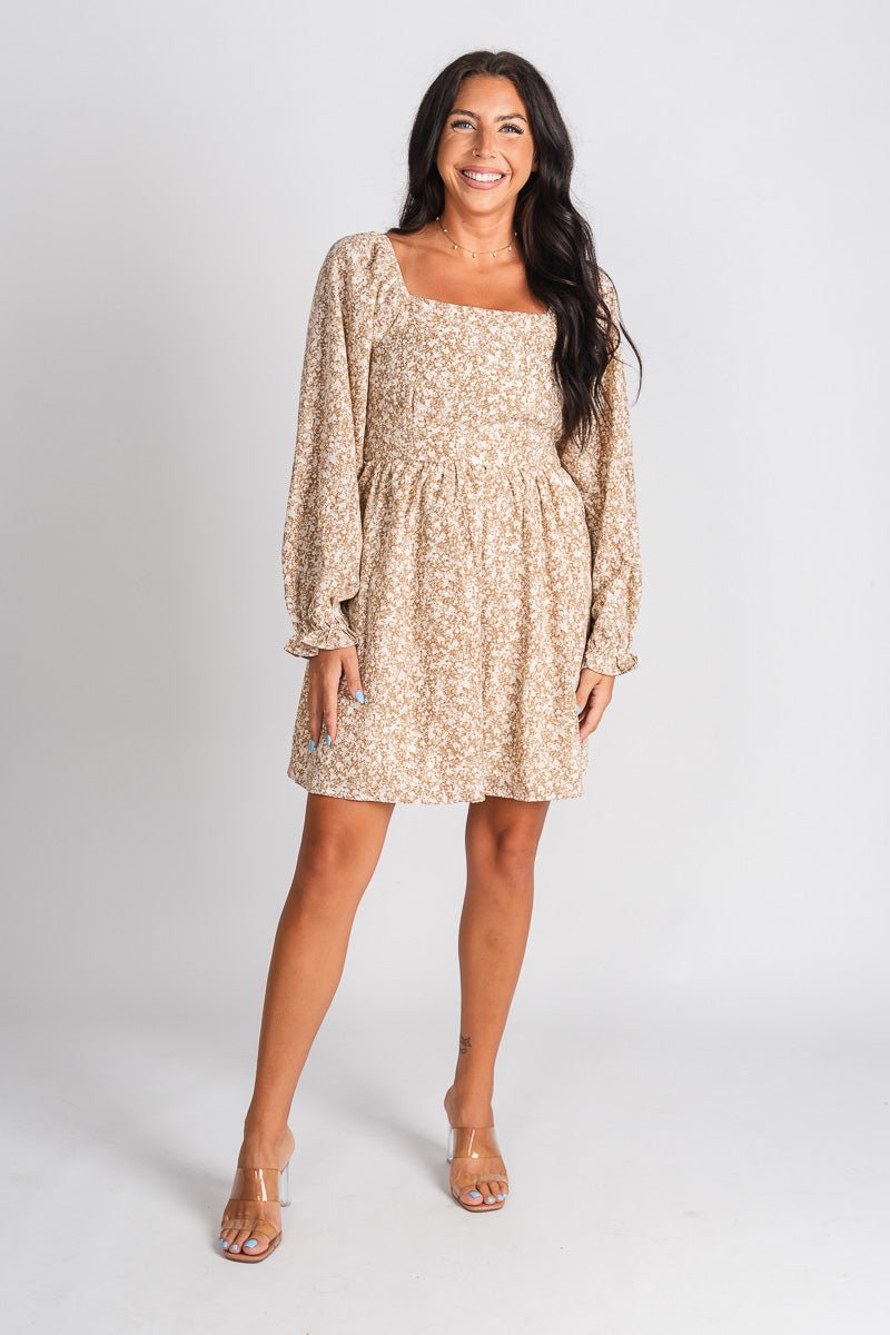 Square neck floral dress tan/cream - Trendy dress - Fashion Dresses at Lush Fashion Lounge Boutique in Oklahoma City