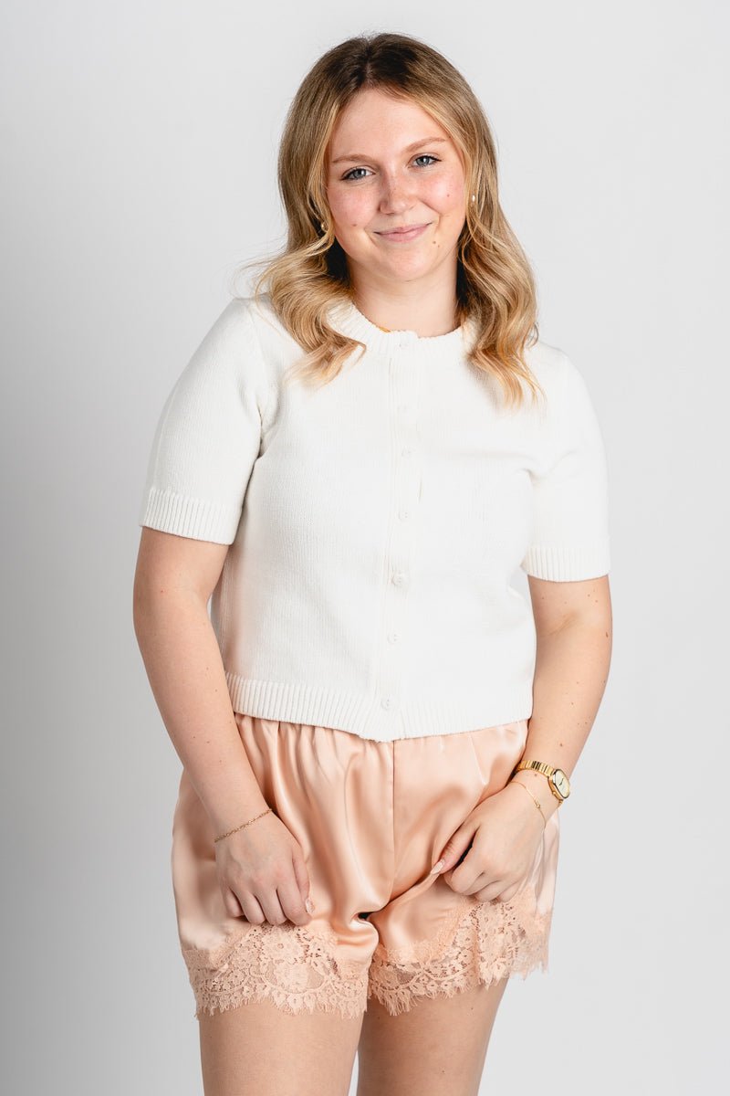 Lace trim satin shorts light orange - Cute shorts - Trendy Easter Clothing Line at Lush Fashion Lounge Boutique in Oklahoma