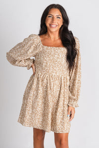 Square neck floral dress tan/cream - Affordable dress - Boutique Dresses at Lush Fashion Lounge Boutique in Oklahoma City