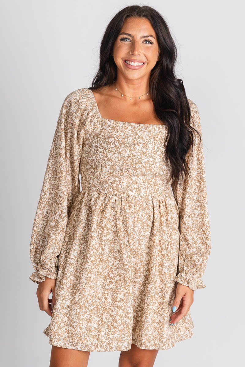 Square neck floral dress tan/cream - Cute dress - Trendy Dresses at Lush Fashion Lounge Boutique in Oklahoma City