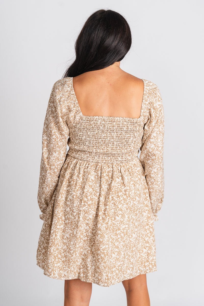 Square neck floral dress tan/cream