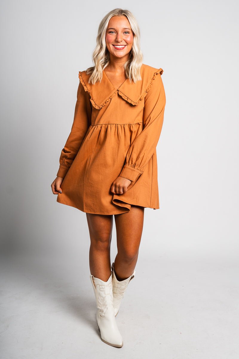 Puff sleeve dress copper - Trendy dress - Fashion Dresses at Lush Fashion Lounge Boutique in Oklahoma City