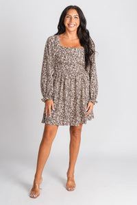 Square neck floral dress brown/cream - Trendy dress - Fashion Dresses at Lush Fashion Lounge Boutique in Oklahoma City