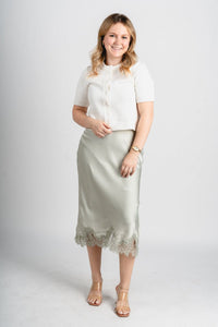 Satin midi skirt light sage | Lush Fashion Lounge: boutique fashion skirts, affordable boutique skirts, cute affordable skirts